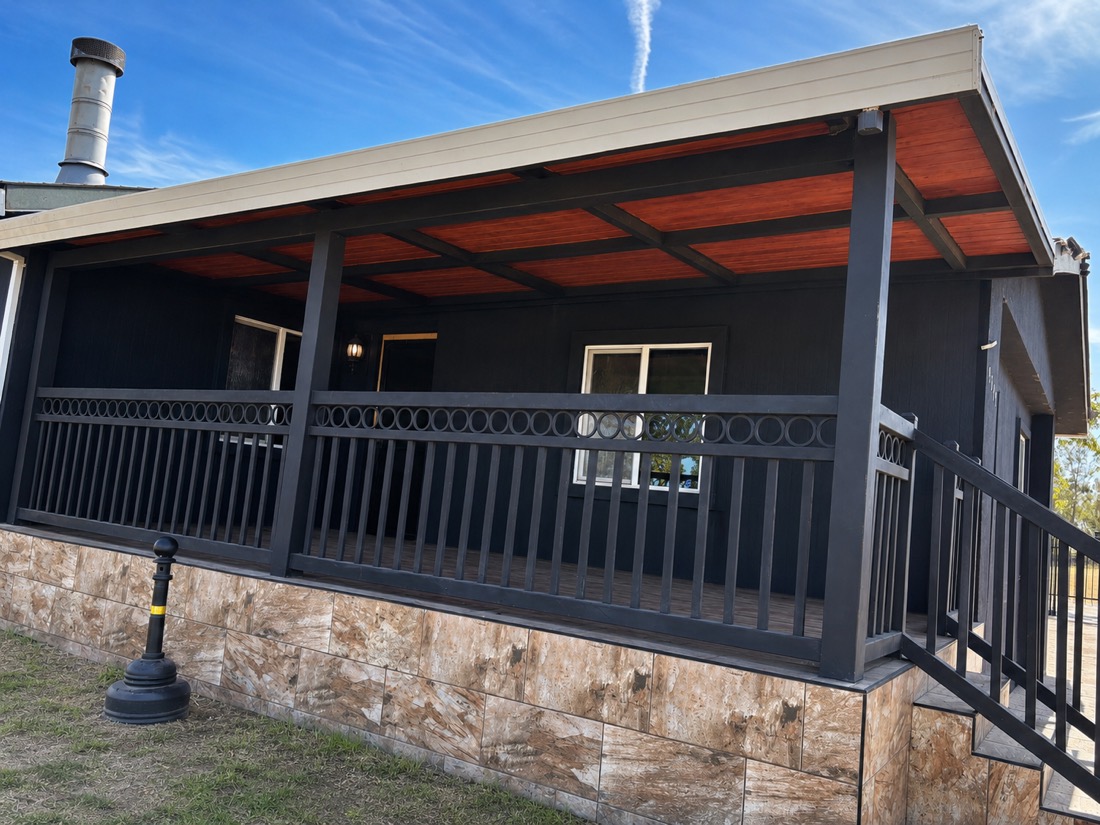Black steel porch railing with decorative circle motif
