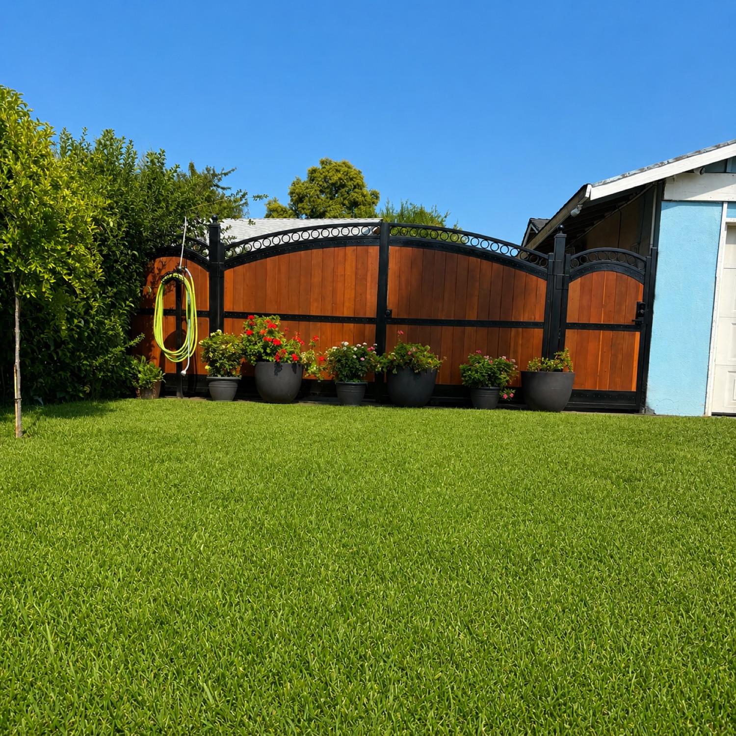 Arched wood-and-iron gate with steel frame, circle motif and wood panels